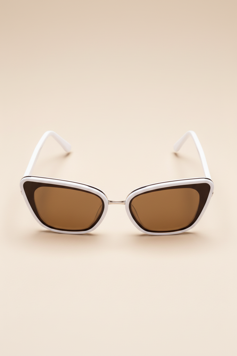 Top angle view of Sol Kyst women's cat eye sunglasses with white frames and brown tinted lenses.