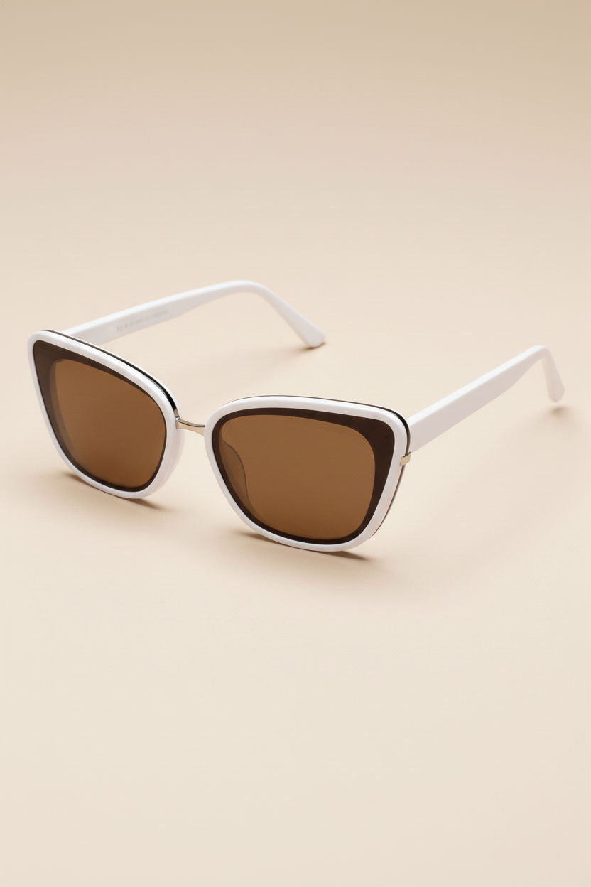 Sunglasses with white frame and brown lenses on a beige background
