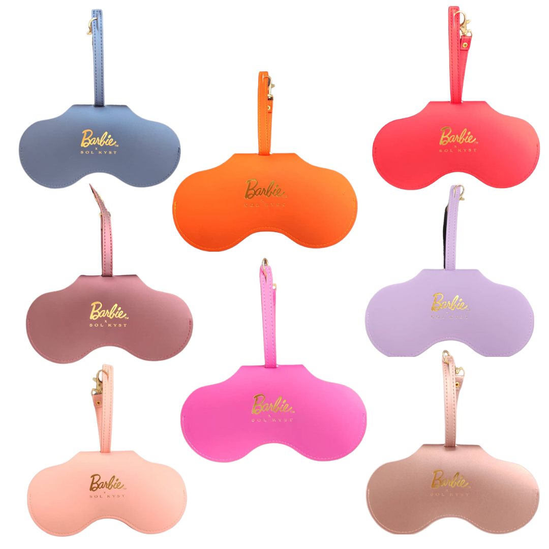 Collection of Barbie x Sol Kyst sunglasses case in various colors, including blue, orange, pink, purple, and beige.