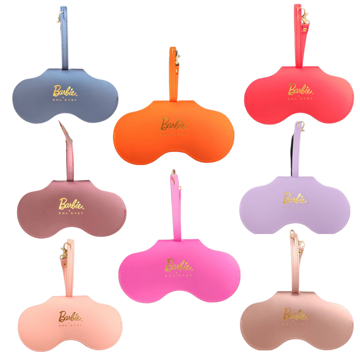 Collection of Barbie x Sol Kyst sunglasses case in various colors, including blue, orange, pink, purple, and beige.