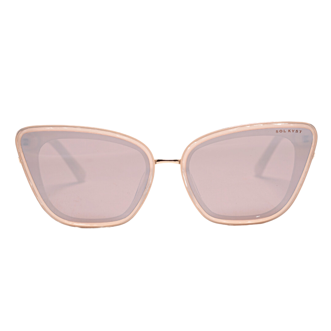 sunglasses, kyst eye, cat eye silhouette, wide face sunglasses, champagne frame, pink lens