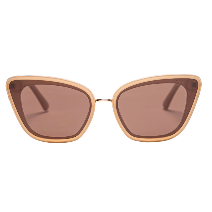 Beige Sol Kyst cat eye sunglasses with brown-tinted lenses, shown in a front-facing angle