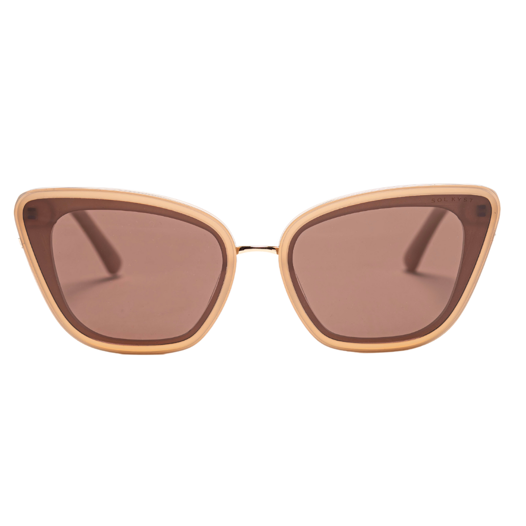 sunglasses, kyst eye, cat eye silhouette, brown frame, wide face sunglasses