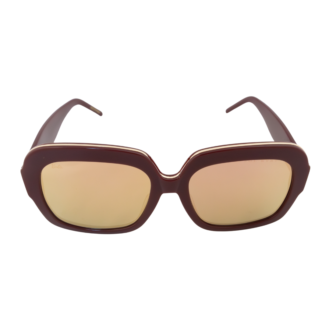 Barbie Sol Kyst women's square sunglasses in burgundy with reflective gold lenses, shown in a front-facing view.