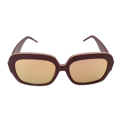 Barbie Sol Kyst women's square sunglasses in burgundy with reflective gold lenses, shown in a front-facing view.