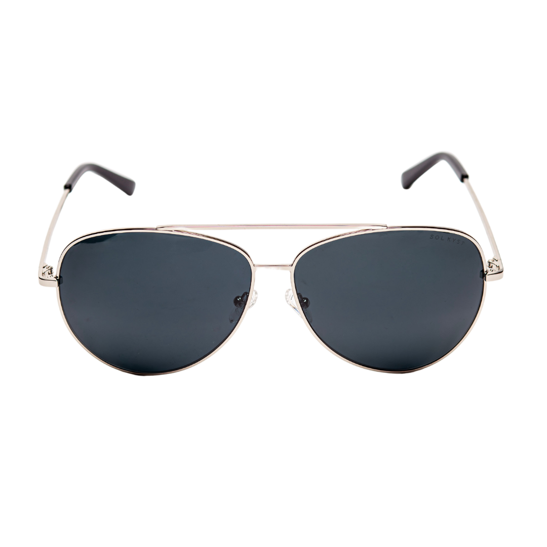 Front view of Sol Kyst women's aviator sunglasses with silver frames and dark polarized lenses - front view.