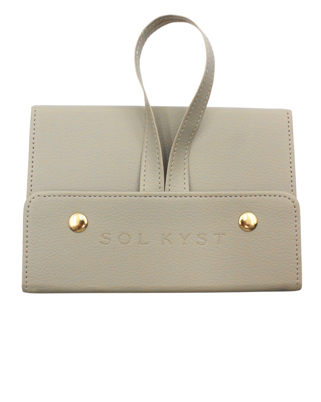 travel case for sunglasses or glasses, snap closure, strap for hanging or holding, beige leather, gold snaps